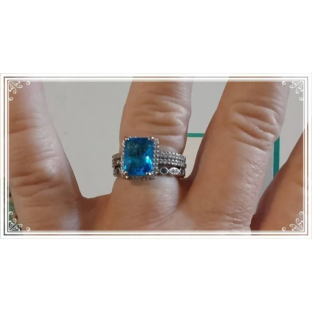 3.5 Ct. Emerald Cut Blue & White Topaz 3Pc. Wedding Ring Set Sz 8